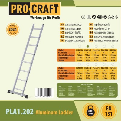 Лестница приставная алюминиевая Procraft PLA1.202